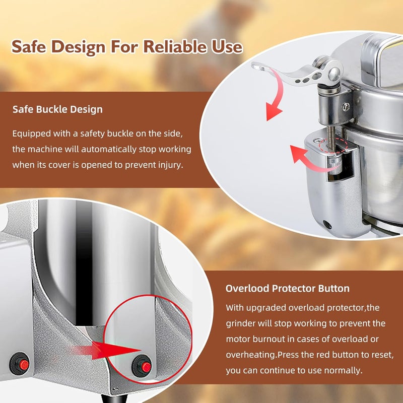 MAGIC MASTER 300g Grain Mill Grinder Electric,High Speed 1500W Commercial Safety Stainless Steel Dry Spice Grinder Machine For Flour Wheat Nut Corn Rice Pepper Herbs Coffee Beans,Upright,110V - Image 3